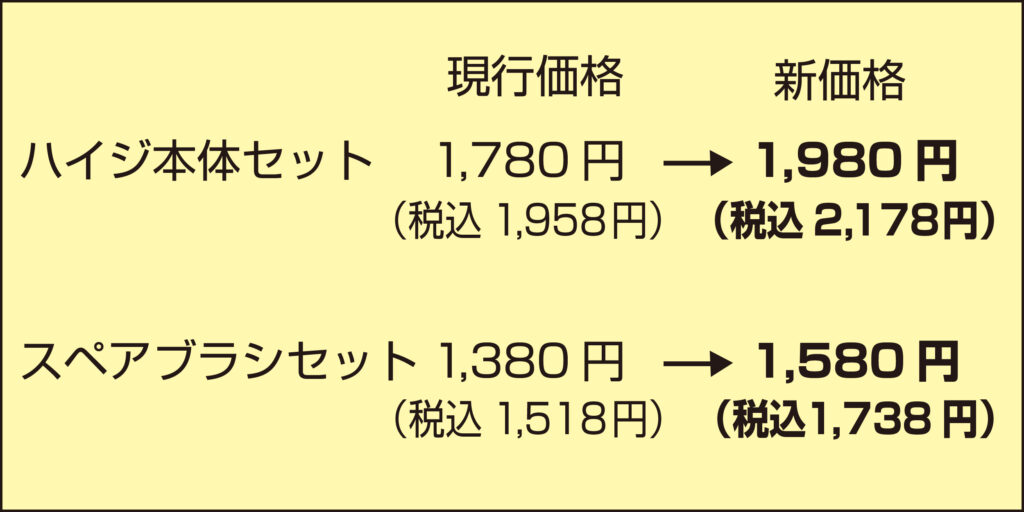 ハイジ本体セット　1,780円が1,980円。 税込1958円が2178円。スペアブラシセット　1,380円が1,580円。税込1,518円が1,738円。